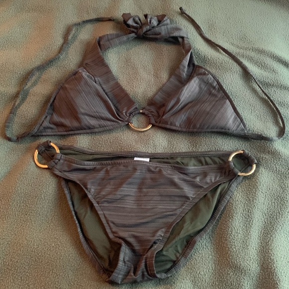 Mossimo green and black striped bikini with gold ring details. Size medium - Picture 1 of 9